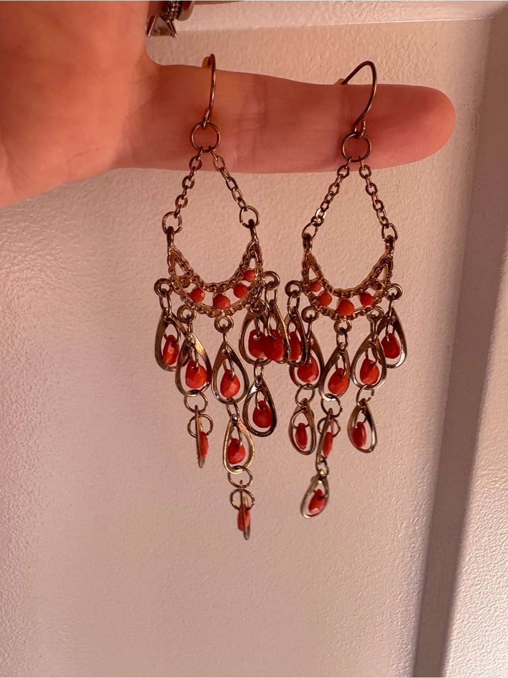 Gold-Tone Red Teardrop Chandelier Earrings - Picture 2 of 6